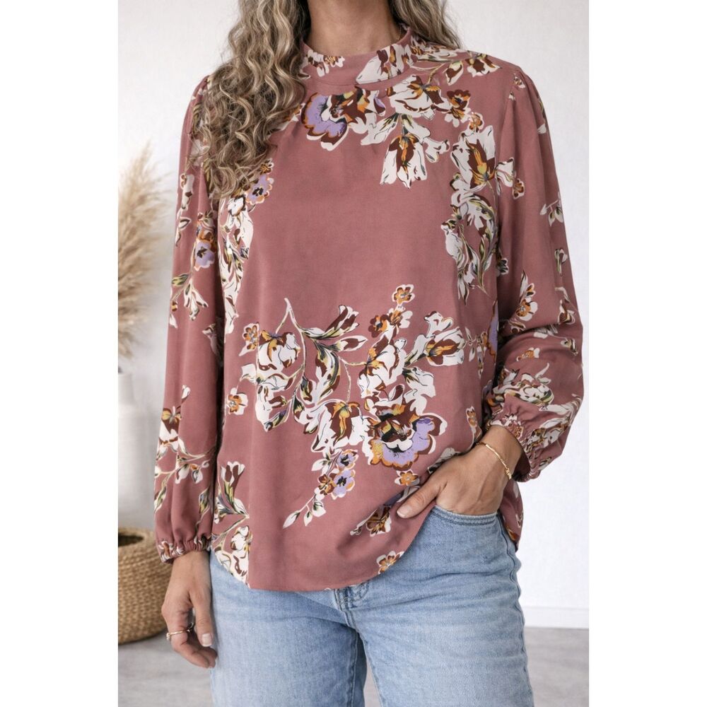 Shein Mauve Pink Floral Mock Neck Top Keyhole Back Long Sleeve Size 1X